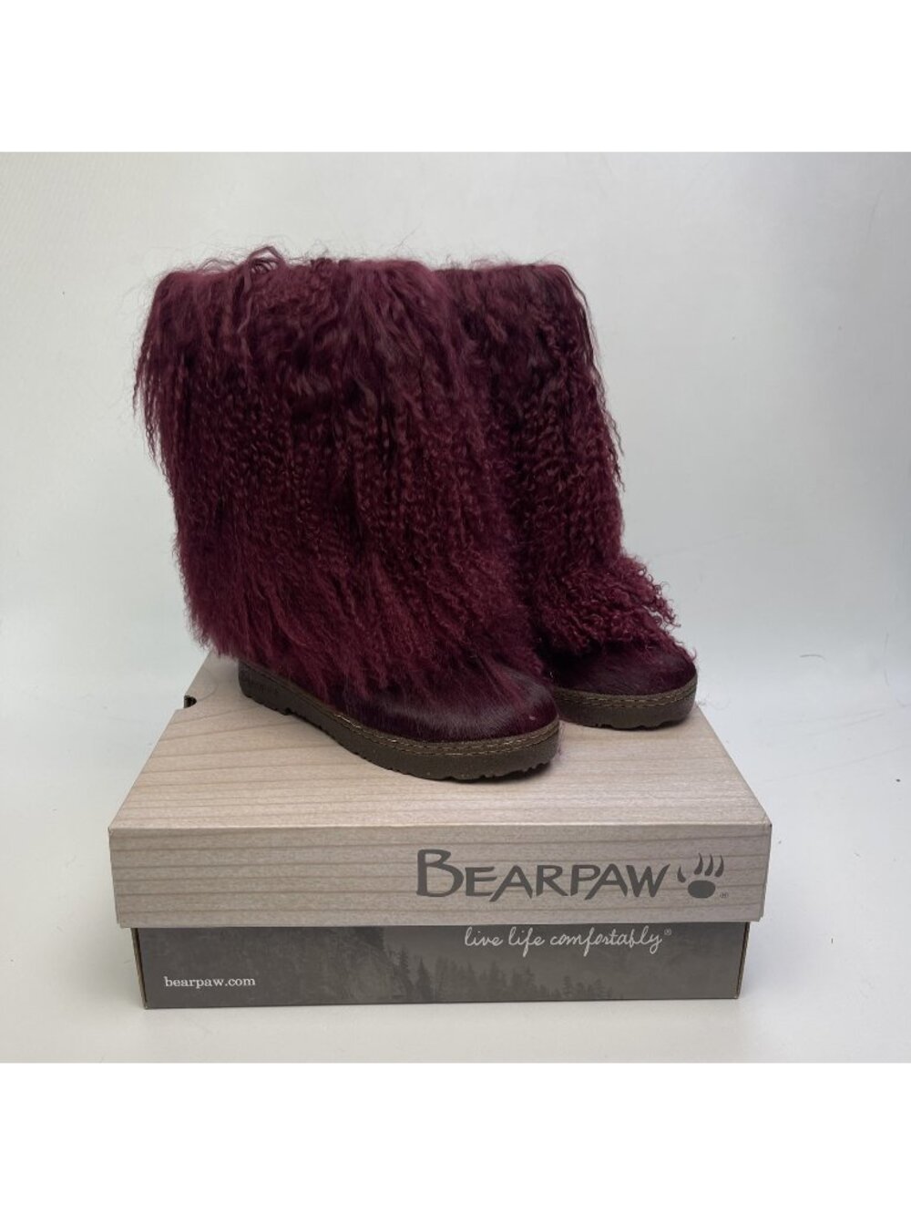 NEW BEARPAW Canada Boetis II Dark Red Wine Mongolian Sheepskin Fur Boots Sz 6 US